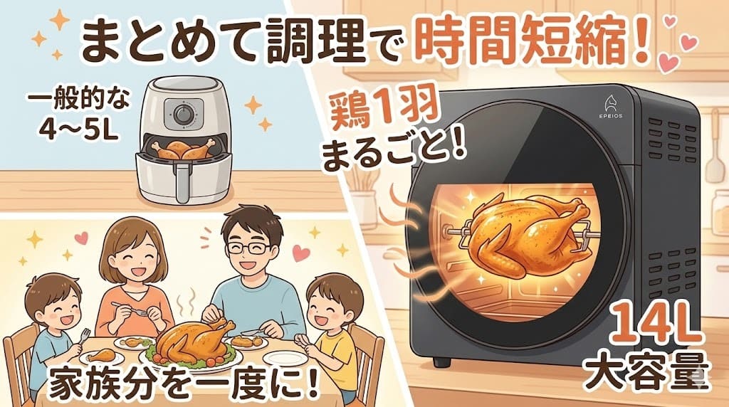 大容量14L！エペイオス ノンフライオーブンで鶏1羽＆家族分を一度に調理。