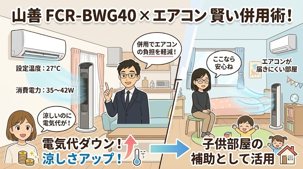 山善FCR-BWG40とエアコン併用のメリット解説。消費電力と電気代節約、賢い活用法。