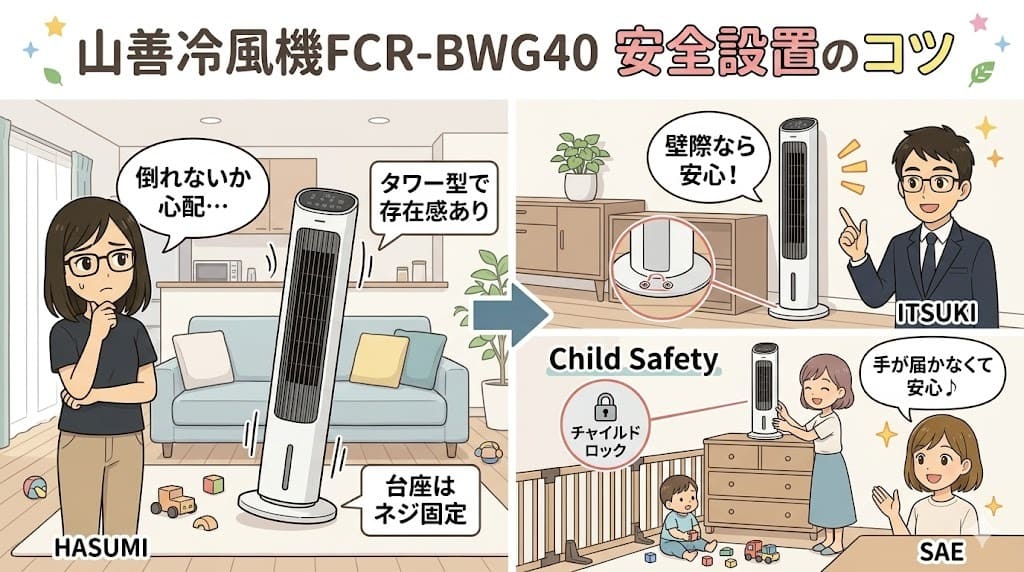 山善冷風機FCR-BWG40の安定設置とチャイルドロック活用術の解説