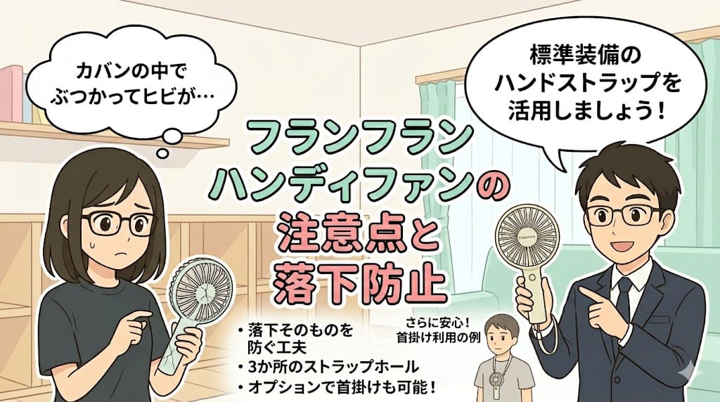 フランフランハンディファンの破損注意と落下防止ストラップ