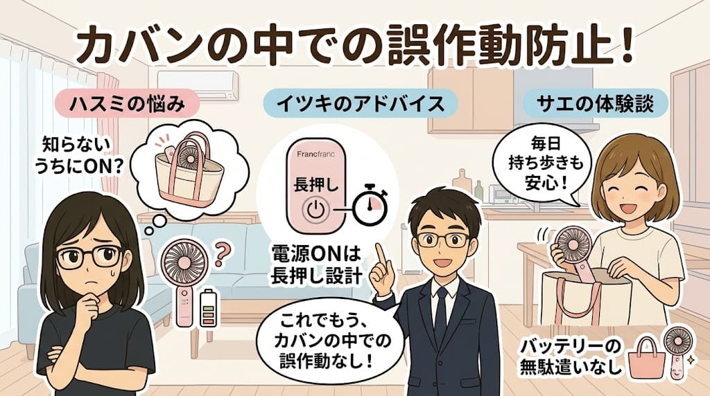 フランフランハンディファン誤作動防止と長押し電源。カバンでの安心。