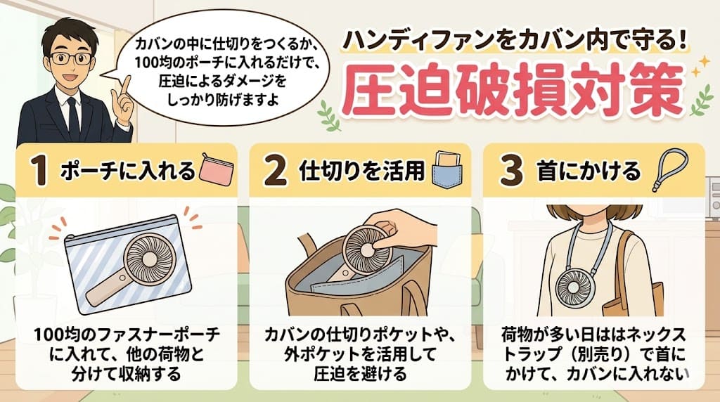 100均ポーチで防ぐ!ハンディファンの圧迫破損対策