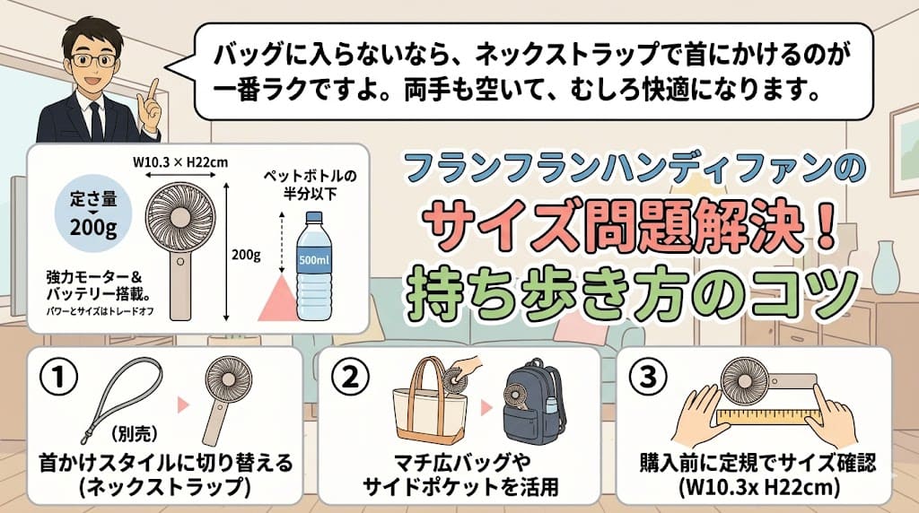 フランフランハンディファンのサイズ、重さ、持ち歩き方のコツの解説。