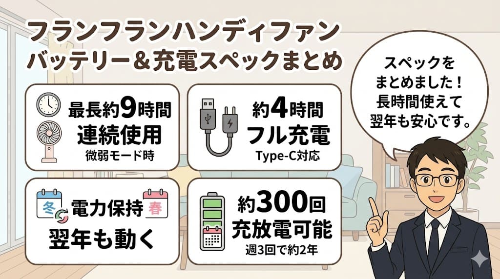 フランフランハンディファンの長時間バッテリーと充電時間スペック