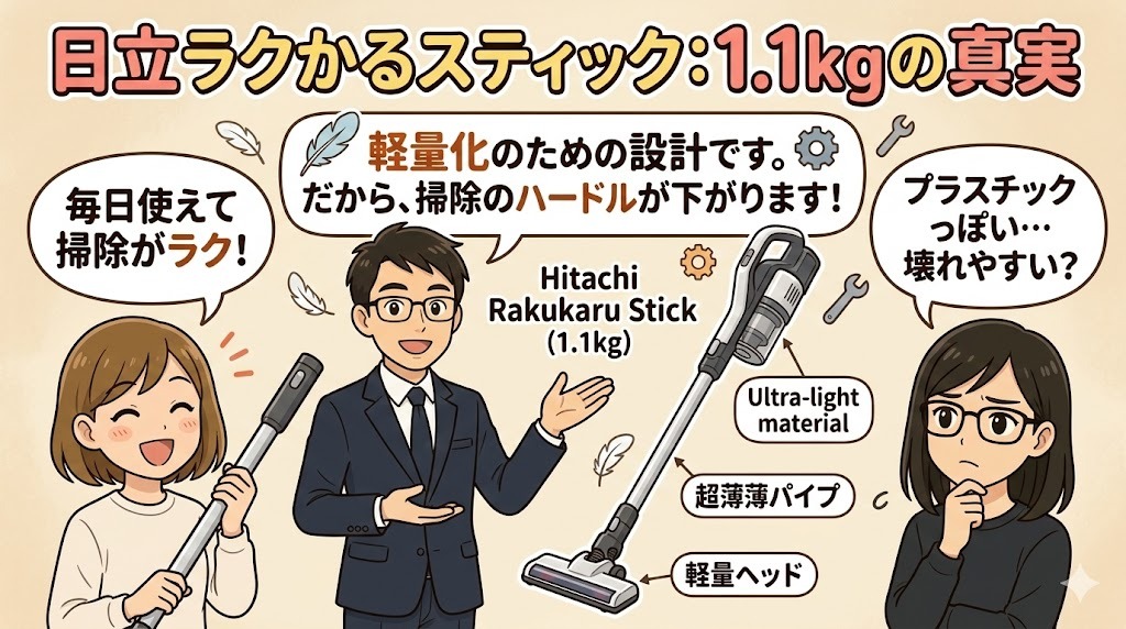 日立ラクかるスティック 1.1kg 超軽量 掃除機 比較イラスト