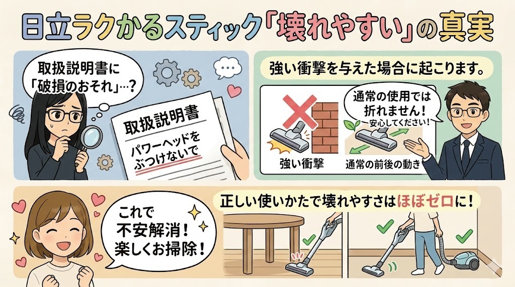 日立ラクかるスティック、正しい使いかたで不安解消イラスト