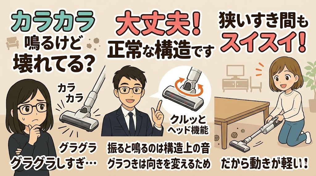 日立ラクかるスティックのヘッドのカラカラ音は正常!グラつきの秘密を解説