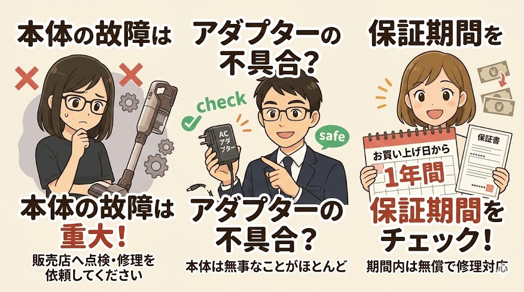 日立ラクかるスティックの修理と保証。アダプターと本体故障の違いを解説