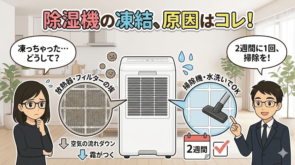 アイリスオーヤマ除湿機 IJC-J56の凍結原因とフィルター掃除方法の解説