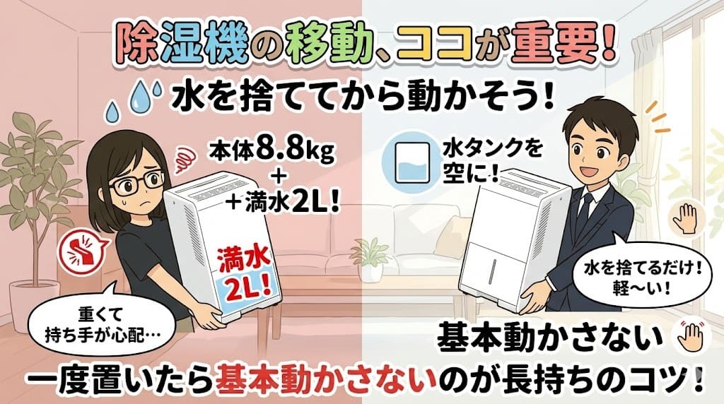 除湿機IJC-J56の移動は水タンクを空に！重さ8.8kg＋満水で持ち手に負担。