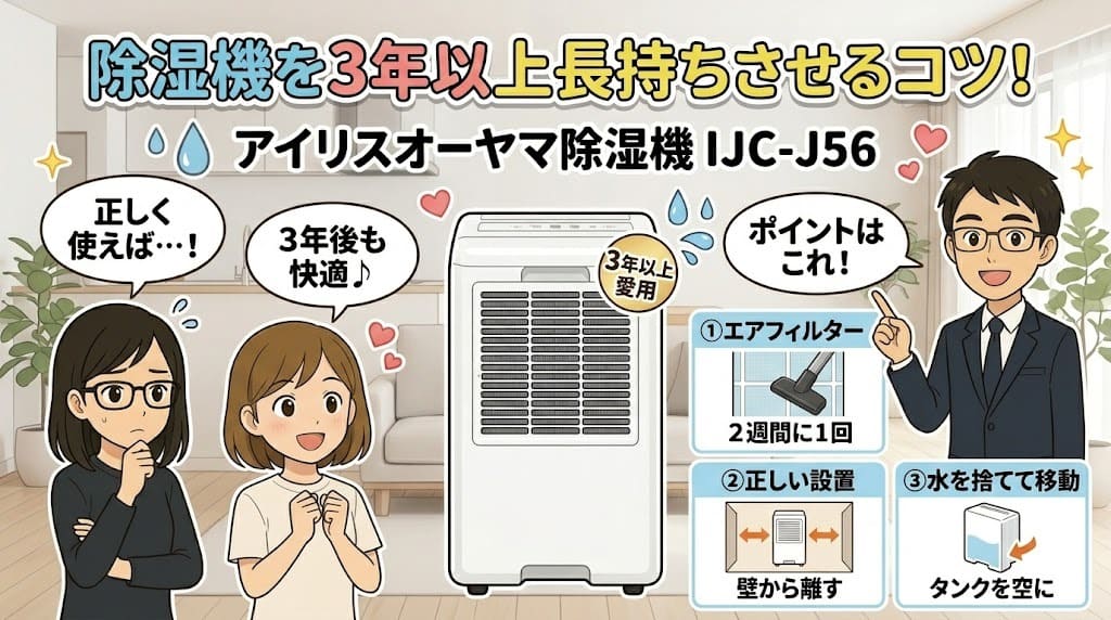 アイリスオーヤマ除湿機 IJC-J56を3年以上長持ちさせるコツ。エアフィルター掃除、正しい設置と移動。