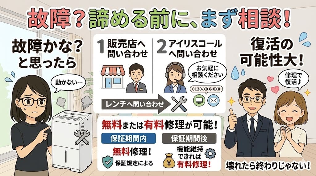 IJC-J56故障時の修理問い合わせ、アイリスコールと販売店の案内、保証期間内外の解説
