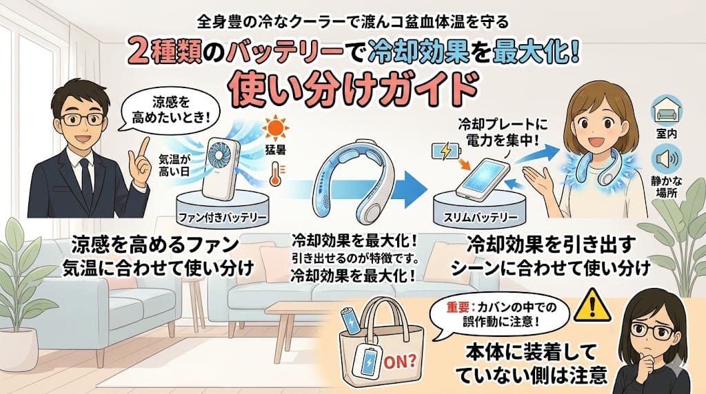サンコーネッククーラーの2種類のバッテリー使い分けガイド