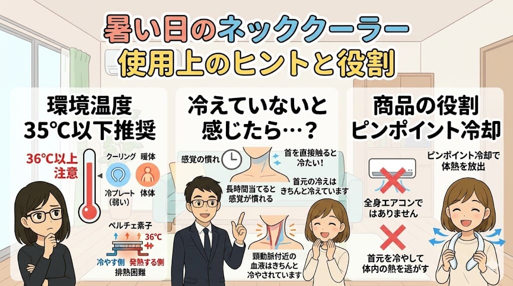 ネッククーラーの36℃以上での注意点、冷えの仕組みと勘違い、首元のピンポイント冷却の役割の解説。