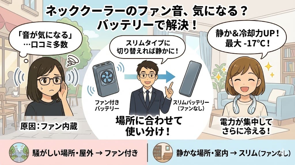 ネッククーラーのファン音の原因と、ファンなしバッテリーへの切り替えによる静音化・冷却力向上の解説。