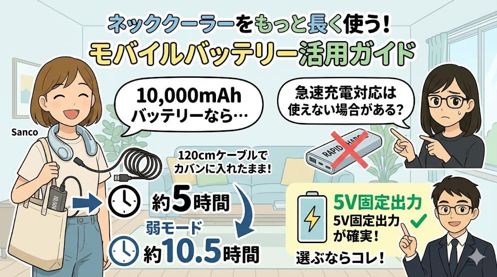 サンコーネッククーラーのモバイルバッテリー接続と使用時間の目安