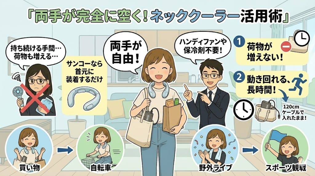 サンコーネッククーラーの首かけハンズフリー活用術。買い物、自転車、野外ライブ、スポーツ観戦で両手が空く。