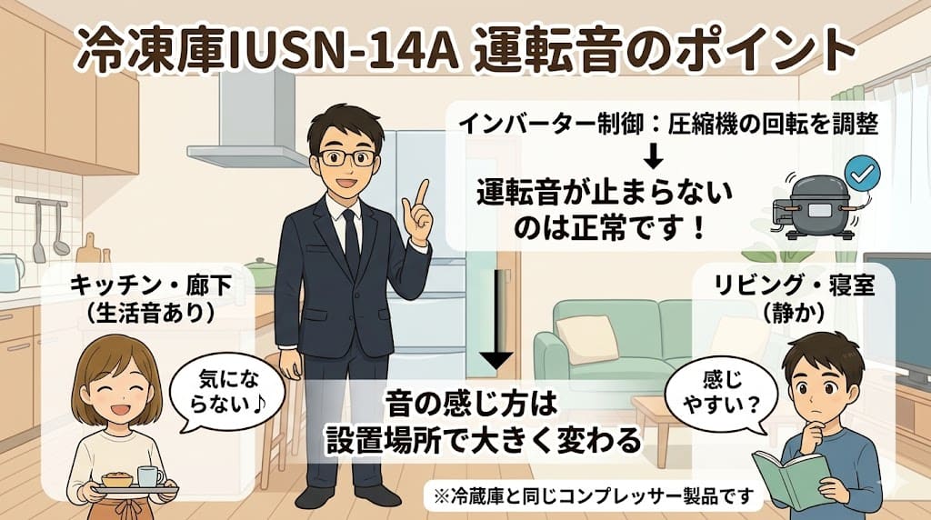 アイリスオーヤマ冷凍庫IUSN-14Aの運転音の解説。インバーター制御と設置場所による感じ方の違い