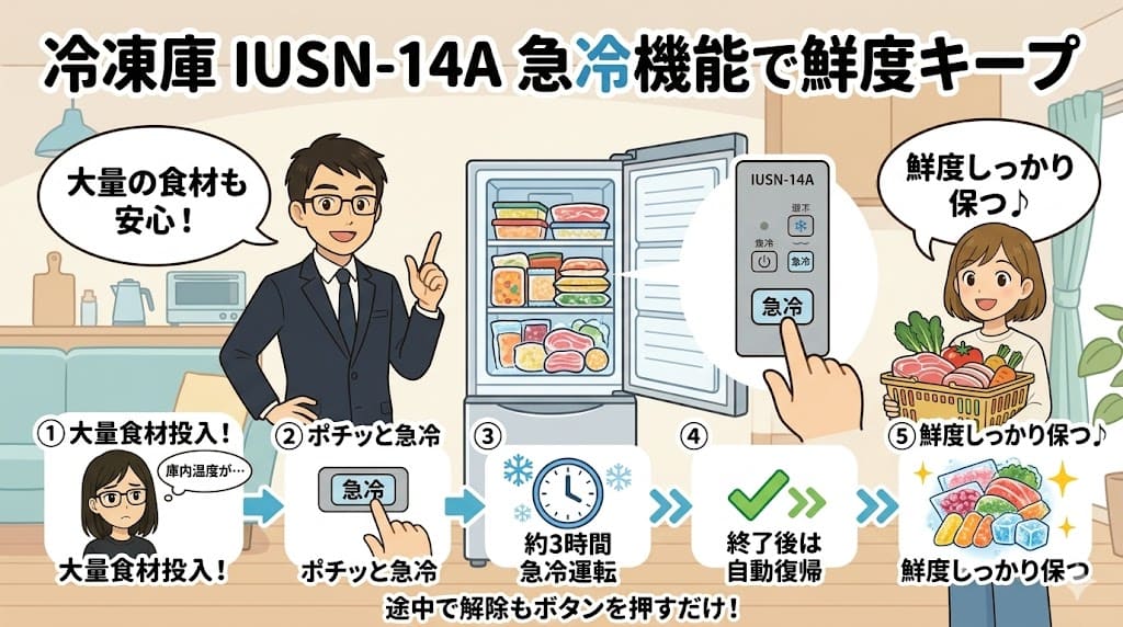 アイリスオーヤマ冷凍庫 IUSN-14A の急冷機能の解説。大量の食材の鮮度を保つ。
