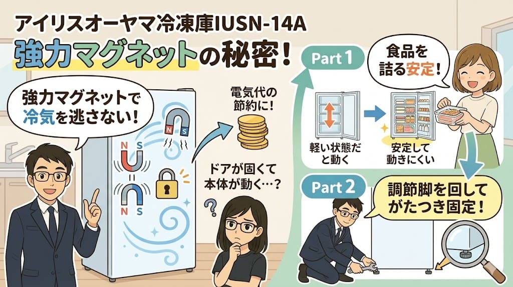 アイリスオーヤマ冷凍庫IUSN-14Aの強力ドアマグネットと本体固定の解説。冷気保持と節約メリット。