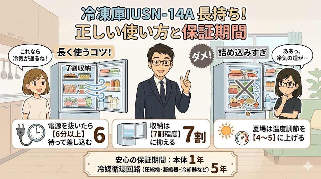 アイリスオーヤマ冷凍庫IUSN-14Aの保証期間と正しい使い方の解説。長持ちさせるコツ。