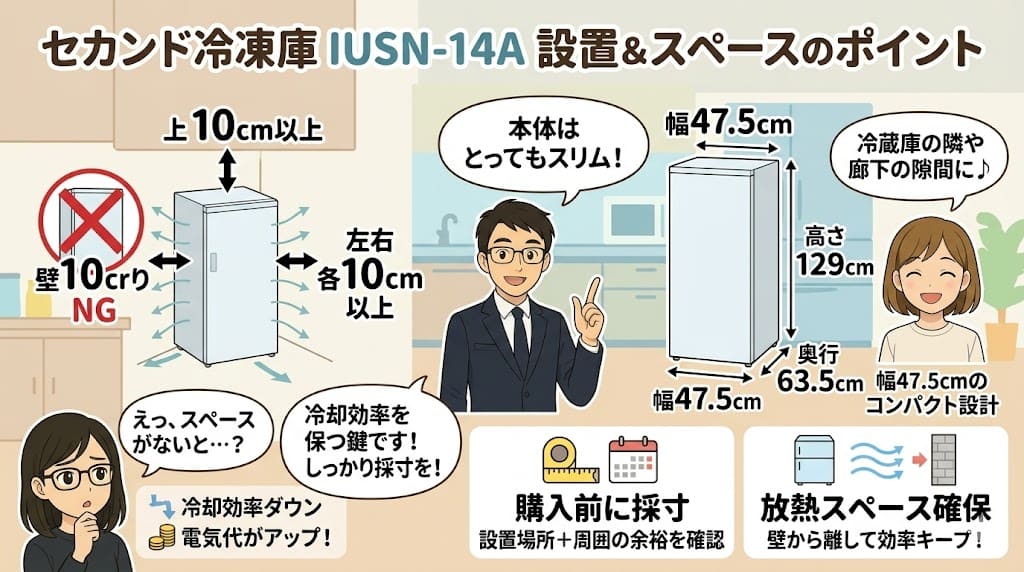 冷凍庫 IUSN-14A のスリム設計と設置に必要な放熱スペース（上10cm、左右10cm以上）の解説。