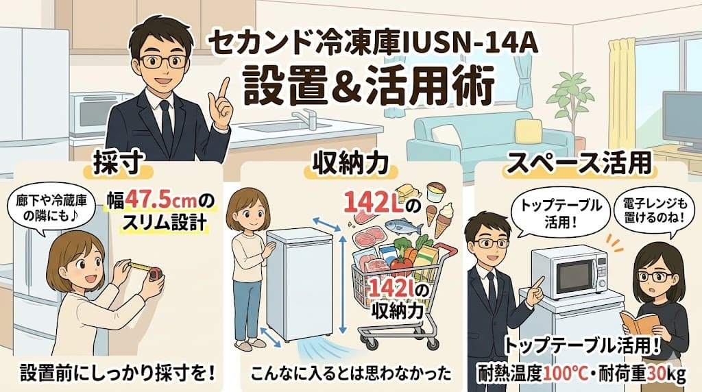 冷凍庫IUSN-14Aのスリムな本体幅47.5cmと142Lの収納力、トップテーブルの解説。設置場所とスペース活用。