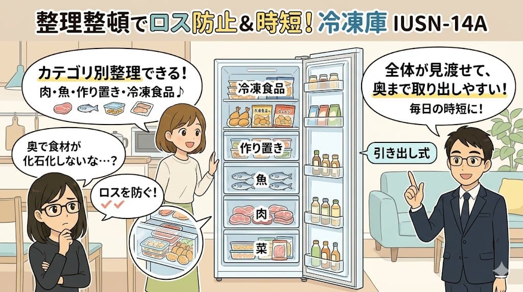 冷凍庫 IUSN-14Aの引き出し収納とカテゴリ整理で食材ロス防止と時短。