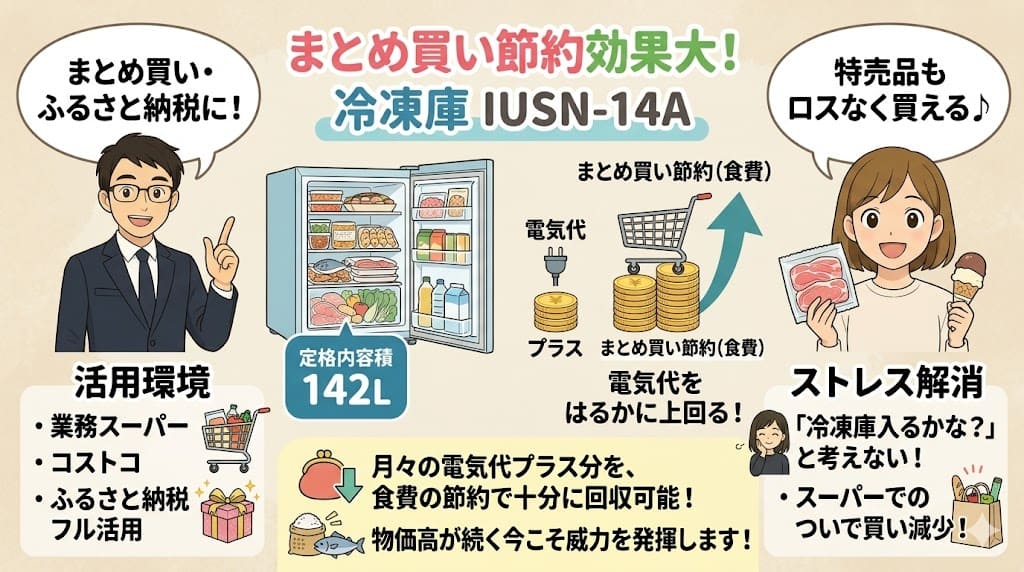 冷凍庫IUSN-14Aのまとめ買いによる食費節約効果と、電気代の比較。物価高対策に！