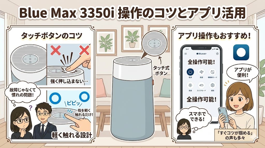 ブルーエア Blue Max 3350i のタッチ式ボタン操作のコツとアプリ活用の解説