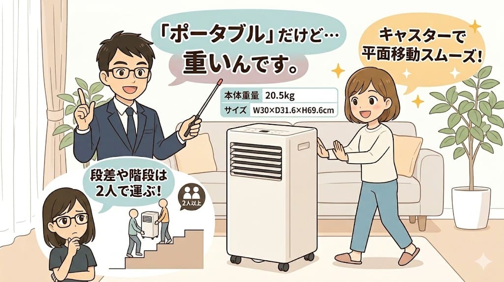 クーラー本体をキャスターで押す女性と、重量を説明するアドバイザーのインフォグラフィック