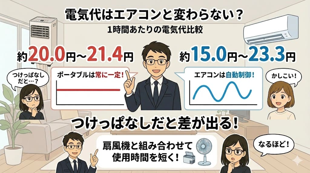 電気代はエアコンと変わらない?ポータブルクーラーの運転方法の違いと節約方法