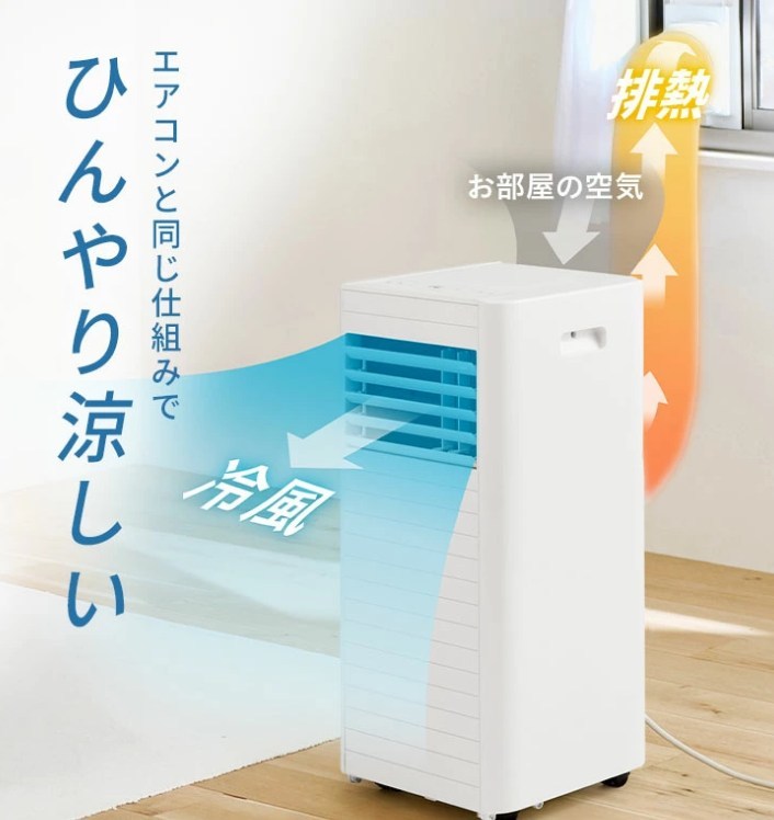 アイリスオーヤマのポータブルクーラーがエアコンと同じ仕組みで冷風を出し排熱を窓から逃がす仕組みの説明画像
