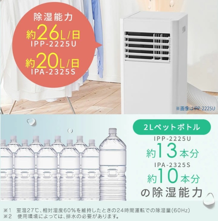 アイリスオーヤマのポータブルクーラーIPA-2325Sの除湿能力は1日約20L、2Lペットボトル約10本分の除湿パワーを示した説明画像