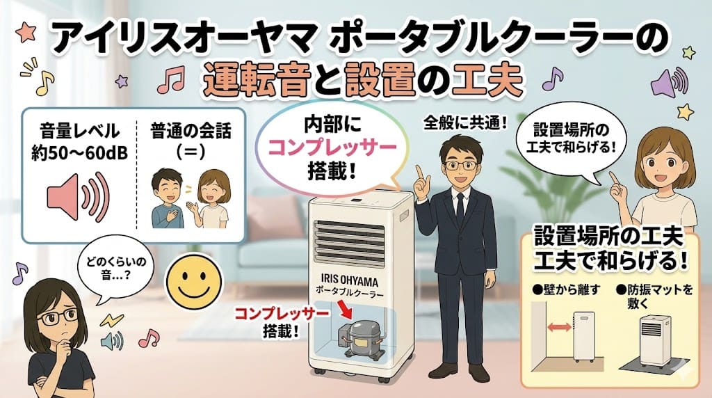 アイリスオーヤマ ポータブルクーラーの運転音と設置の工夫