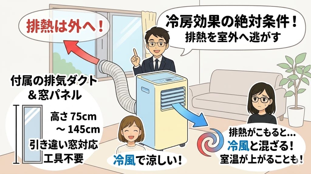 ポータブルクーラーの冷房効果を高める、排熱の室外放出と窓パネルの設置方法
