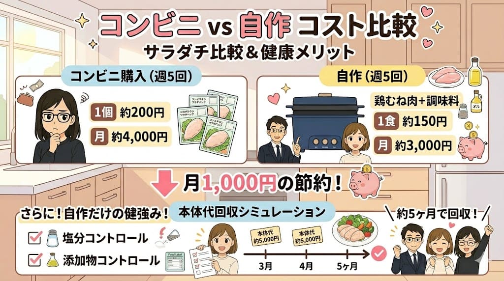 コンビニサラダチキンとPR-SK023での自作のコスト比較と健康面の強み