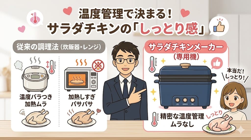 サラダチキンメーカーと炊飯器・レンジの温度管理と食感の違いを比較した解説