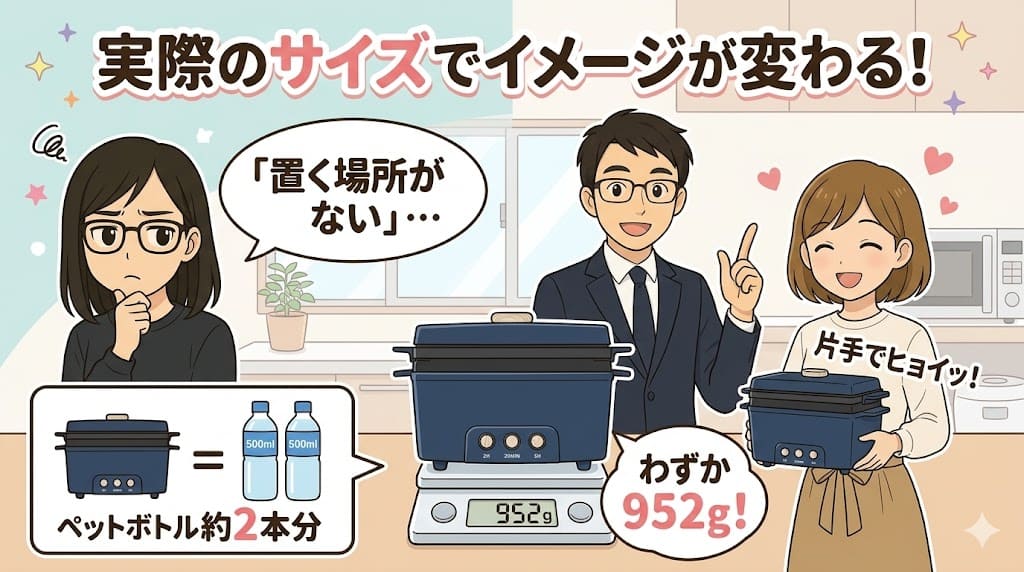 サラダチキンメーカーの実際のサイズと軽さを、ペットボトル2本と比較して解説。