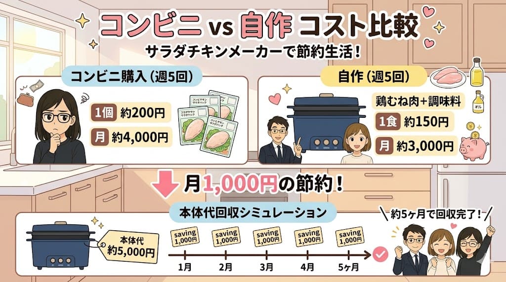 コンビニサラダチキンと自作のコスト比較と本体代回収シミュレーション