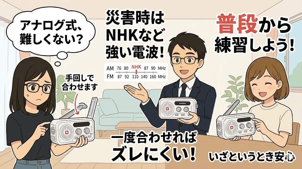 ソーラー多機能ラジオライト5000のアナログダイヤルチューニングと災害時の強電波NHK聴取練習。