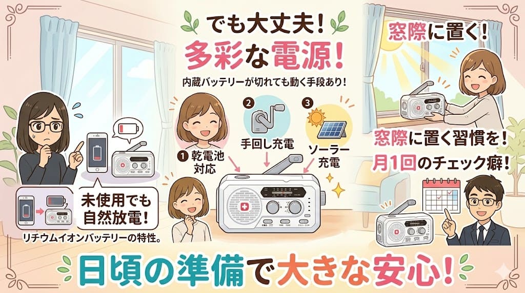 ソーラー多機能ラジオライト5000のバッテリー自然放電と多彩な電源解説