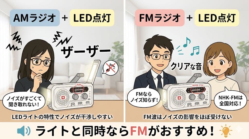 ソーラー多機能ラジオライト5000のLED点灯時のAMノイズと、FMでのクリアな受信の対比と、災害時のFM活用解説