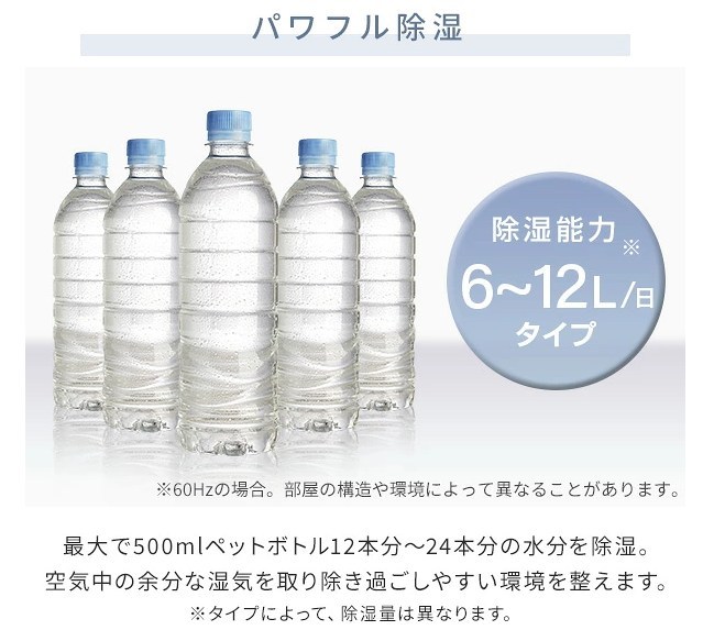 山善除湿機YDC-H120のパワフル除湿性能を示す画像。1日6〜12Lの除湿能力をペットボトルで視覚化