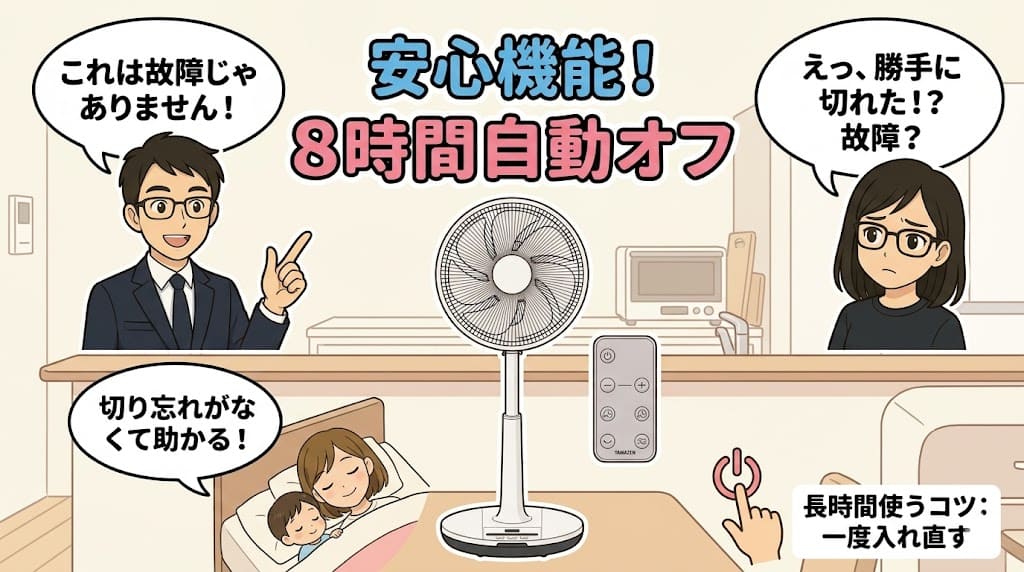 山善扇風機YLX-AED30の8時間自動オフ機能解説