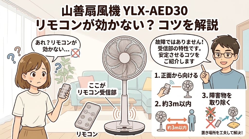 山善扇風機YLX-AED30のリモコンを安定して反応させる方法の解説