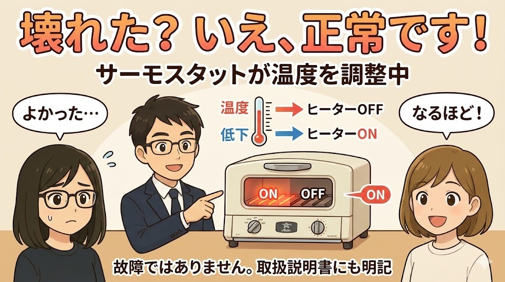 アラジントースターのヒーターが点滅するサーモスタット機能を解説するイラスト。故障ではないことを強調。